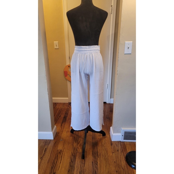 4our Dreamers White Cotton Gauze Pants L Wide Leg Drawstring Relaxed Resort - Picture 2 of 4